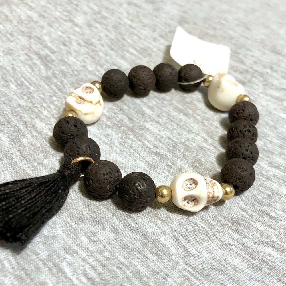 Beaded Bracelet with 3 Skulls and Tassel